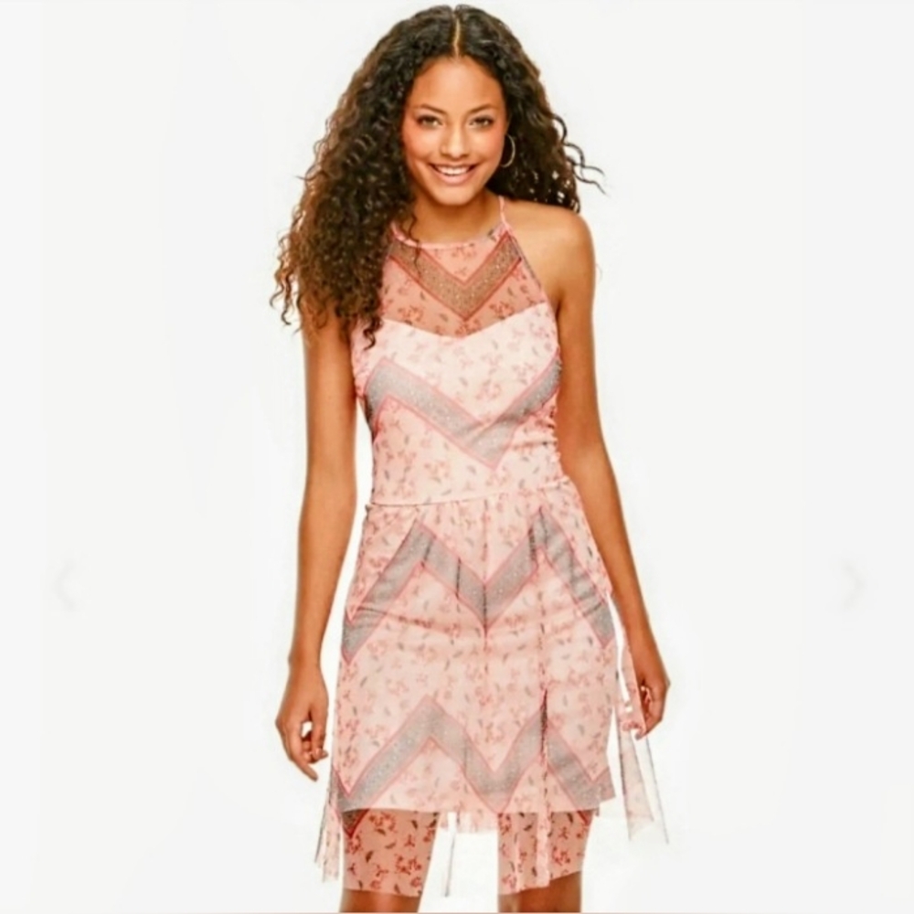 Candies Womens Sheer Floral Chevron Halter Dress Pink/Peach Sz. XL
